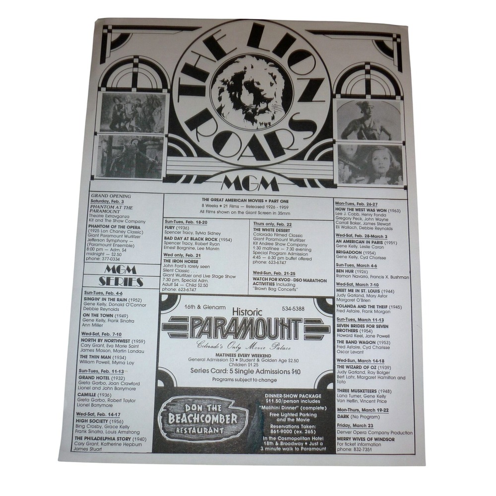Vintage Denver Paramount Theatre Flyer MGM Lion Roars Don Beachcomber Tiki Ad
